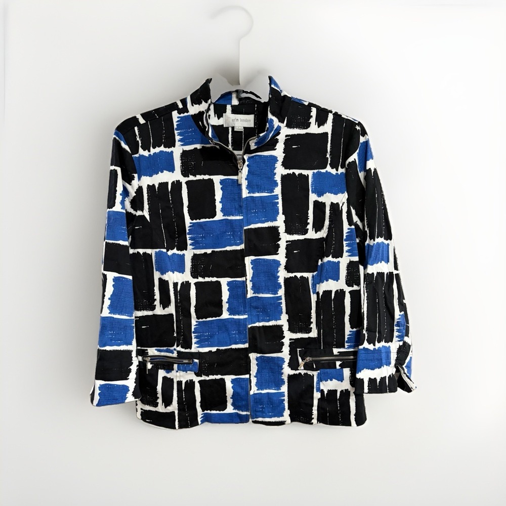 Erin London Womens L Blue Black Abstract Print Zip Front Jacket Artsy Mod F125